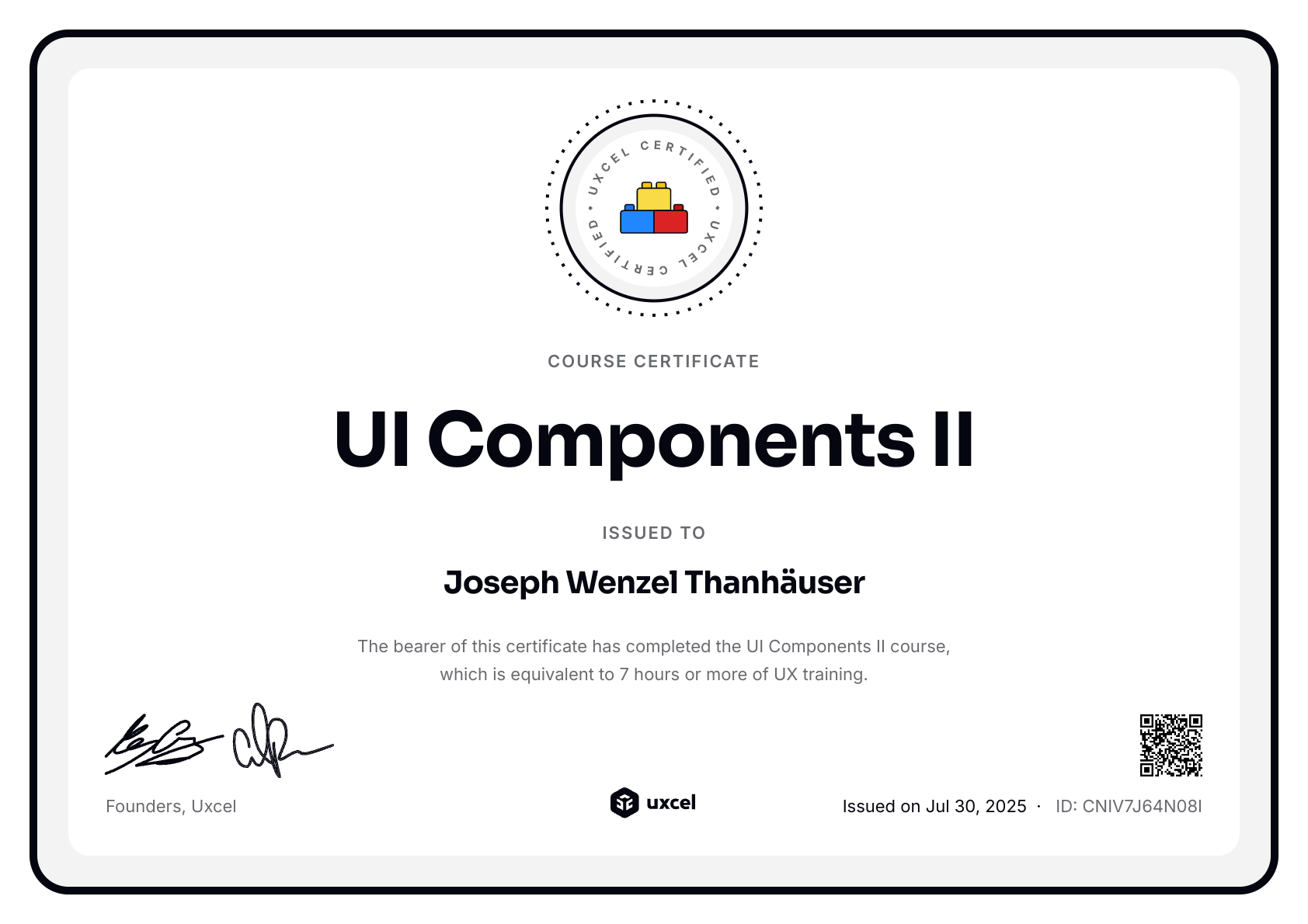 Joseph Wenzel Thanhäuser's certificate
